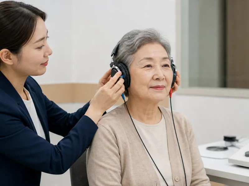 청능사가 노인 환자에게 청력검사용 헤드폰을 씌워주는 장면