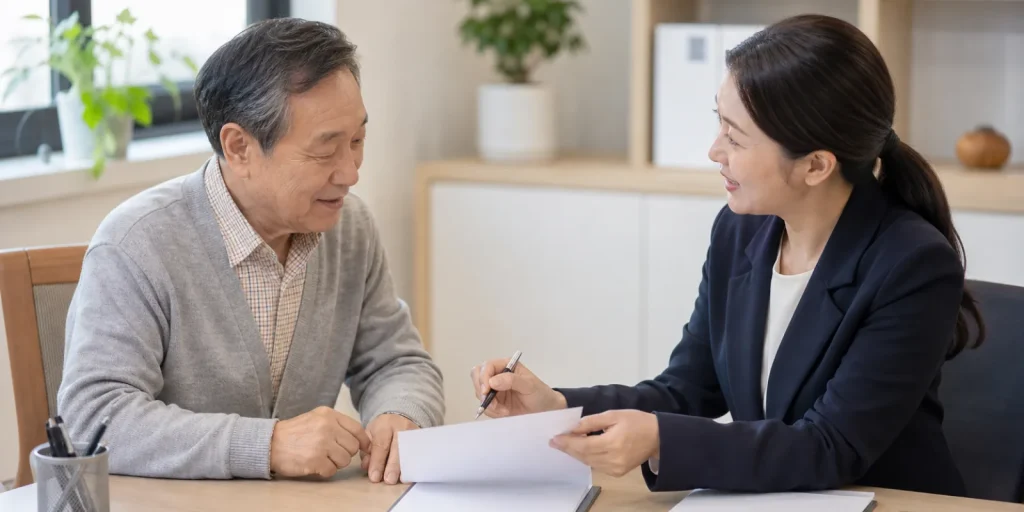 상담 창구에서 노년층 이용자와 상담자가 신청 서식을 함께 살펴보는 모습